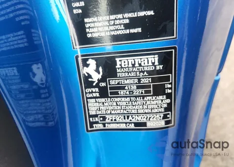 2022 Ferrari F8 Tributo из США, поврежденный, VIN ZFF92LLA2N0272257